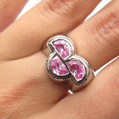 925 Sterling Silver Vintage Pink C Z Three-Stone Ring Size 9.25