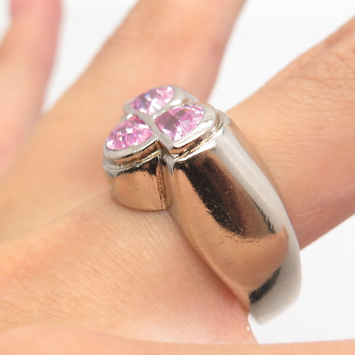 925 Sterling Silver Vintage Pink C Z Three-Stone Ring Size 9.25