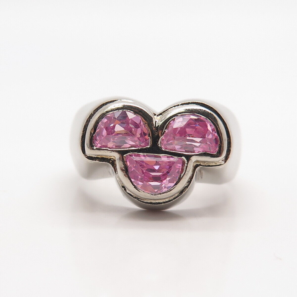 925 Sterling Silver Vintage Pink C Z Three-Stone Ring Size 9.25