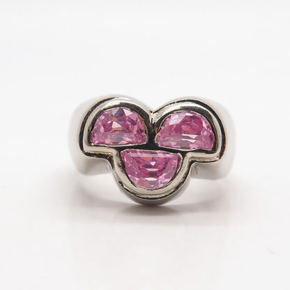 925 Sterling Silver Vintage Pink C Z Three-Stone Ring Size 9.25