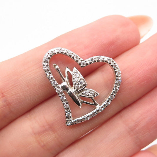 925 Sterling Silver Pave C Z Heart & Butterfly Slide Pendant