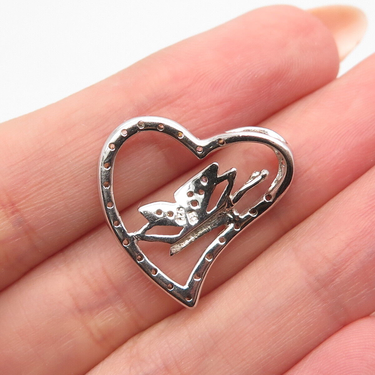 925 Sterling Silver Pave C Z Heart & Butterfly Slide Pendant