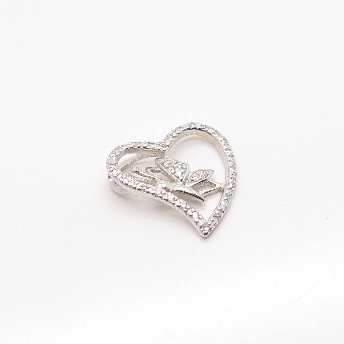 925 Sterling Silver Pave C Z Heart & Butterfly Slide Pendant