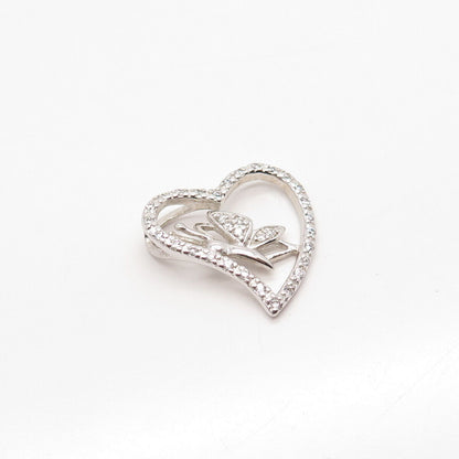 925 Sterling Silver Pave C Z Heart & Butterfly Slide Pendant