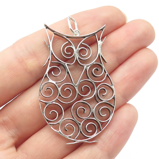 925 Sterling Silver Vintage Wise Owl Open Pendant