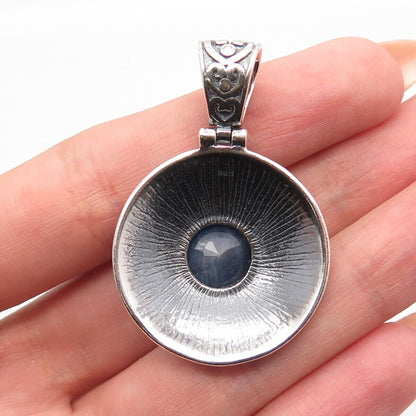 925 Sterling Silver Vintage Real Sapphire Gem Ornate Round Pendant