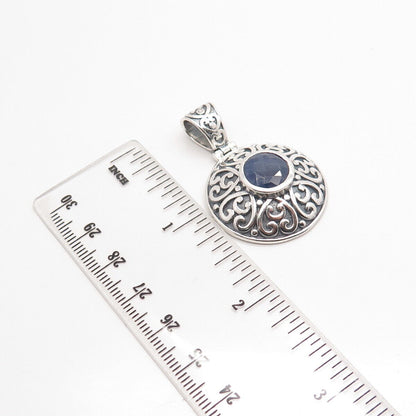 925 Sterling Silver Vintage Real Sapphire Gem Ornate Round Pendant