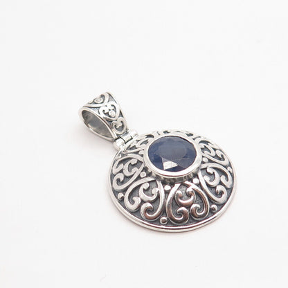 925 Sterling Silver Vintage Real Sapphire Gem Ornate Round Pendant