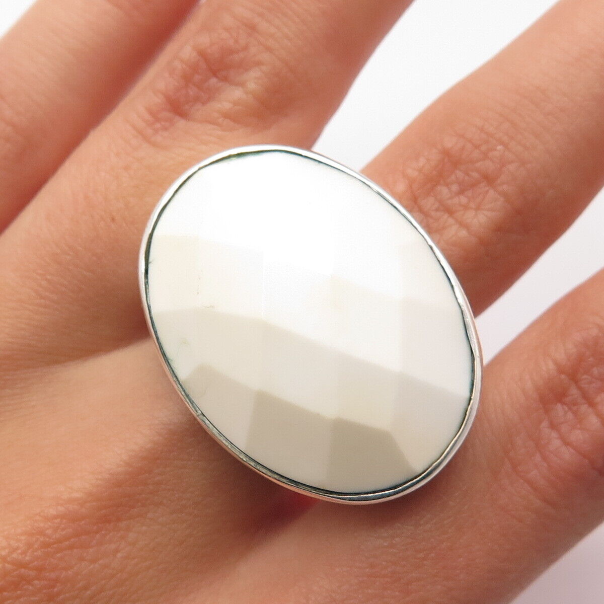 925 Sterling Silver Vintage Real White Onyx Gem Checkered Wide Oval Ring Size 9