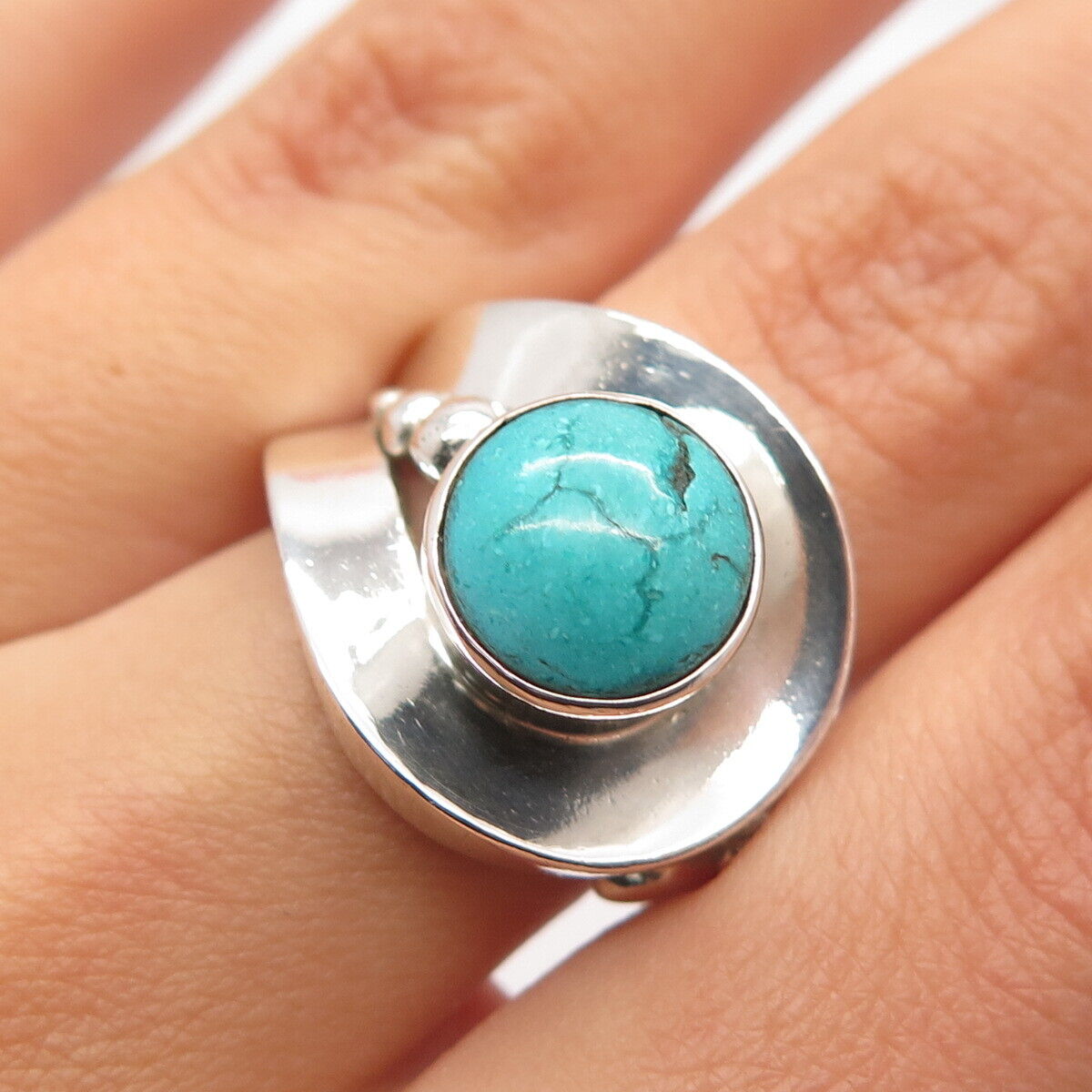 970 Silver Vintage Mexico J. Gomez Turquoise Modernist Hook & Eye Ring Size 7