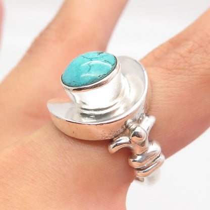 970 Silver Vintage Mexico J. Gomez Turquoise Modernist Hook & Eye Ring Size 7