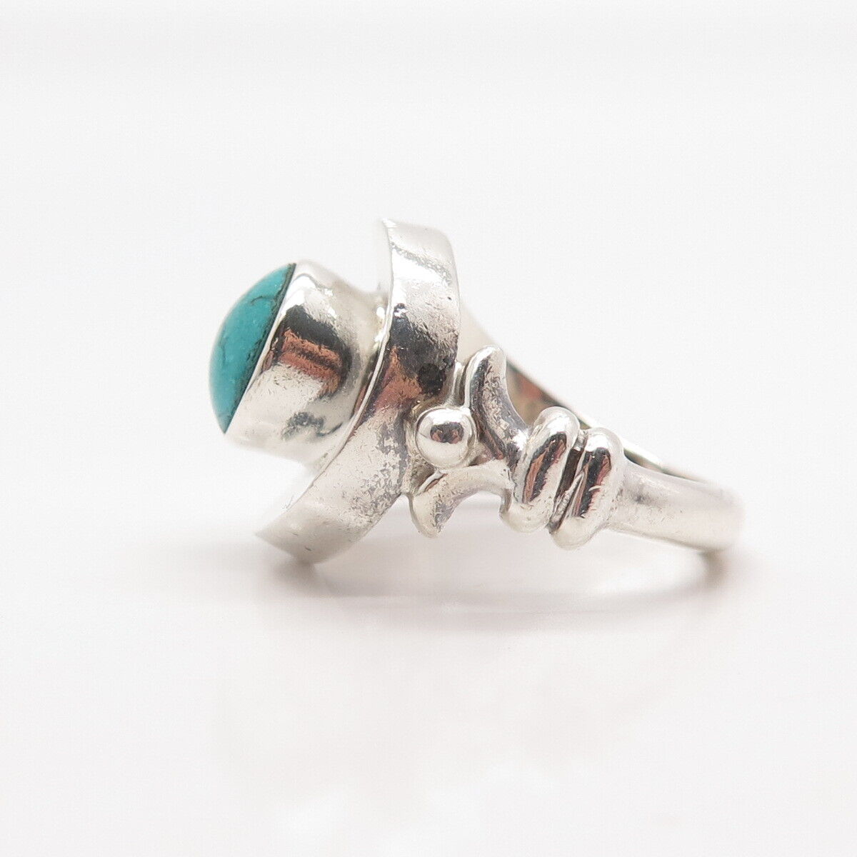 970 Silver Vintage Mexico J. Gomez Turquoise Modernist Hook & Eye Ring Size 7