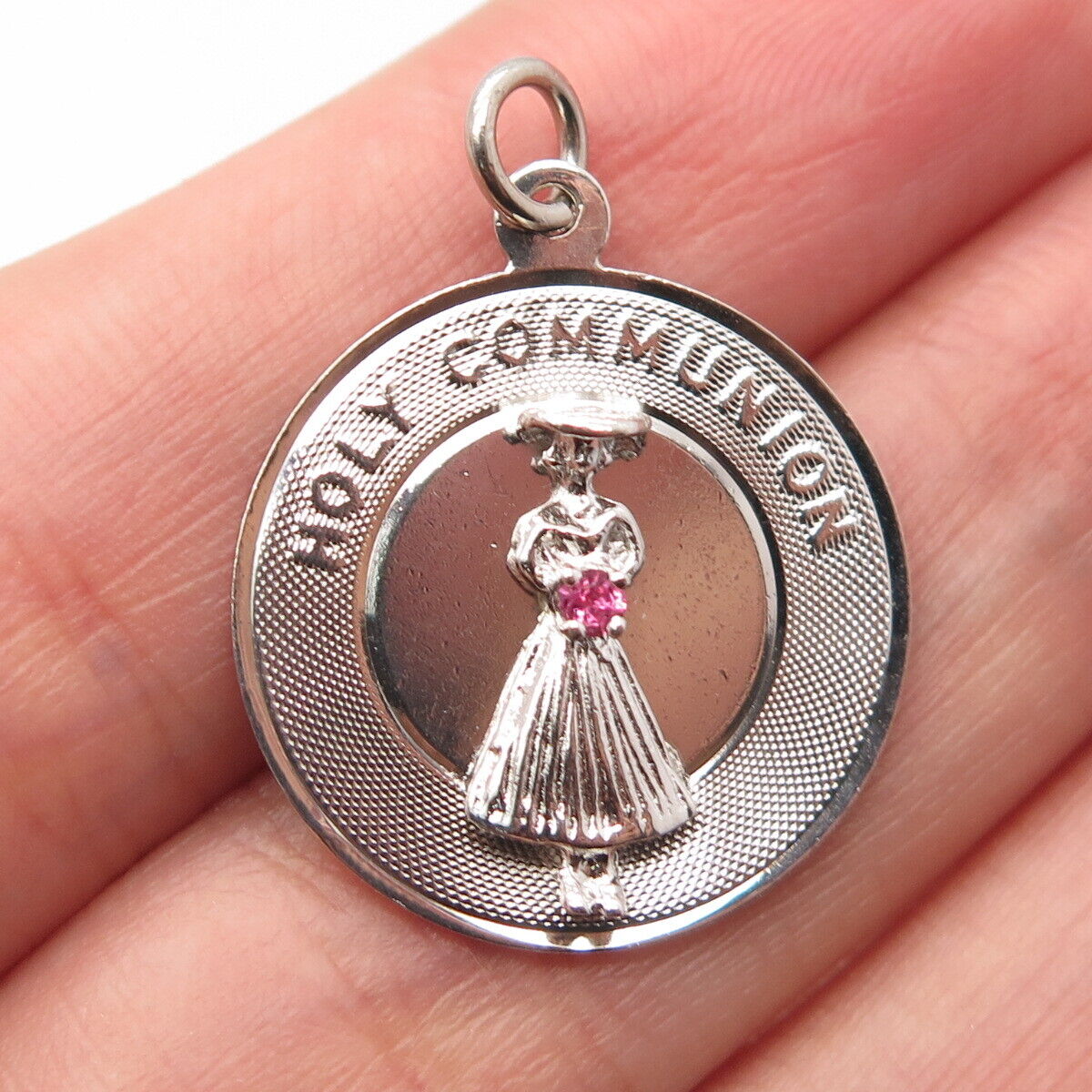 925 Sterling Silver Vintage Pink C Z "Holy Communion" Lady Pendant