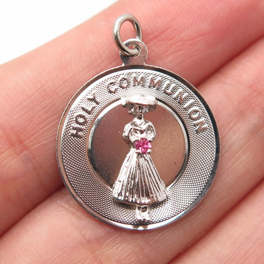 925 Sterling Silver Vintage Pink C Z "Holy Communion" Lady Pendant