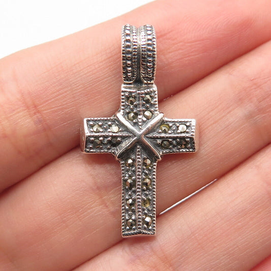 925 Sterling Silver Vintage Real Marcasite Gemstone Cross Pendant