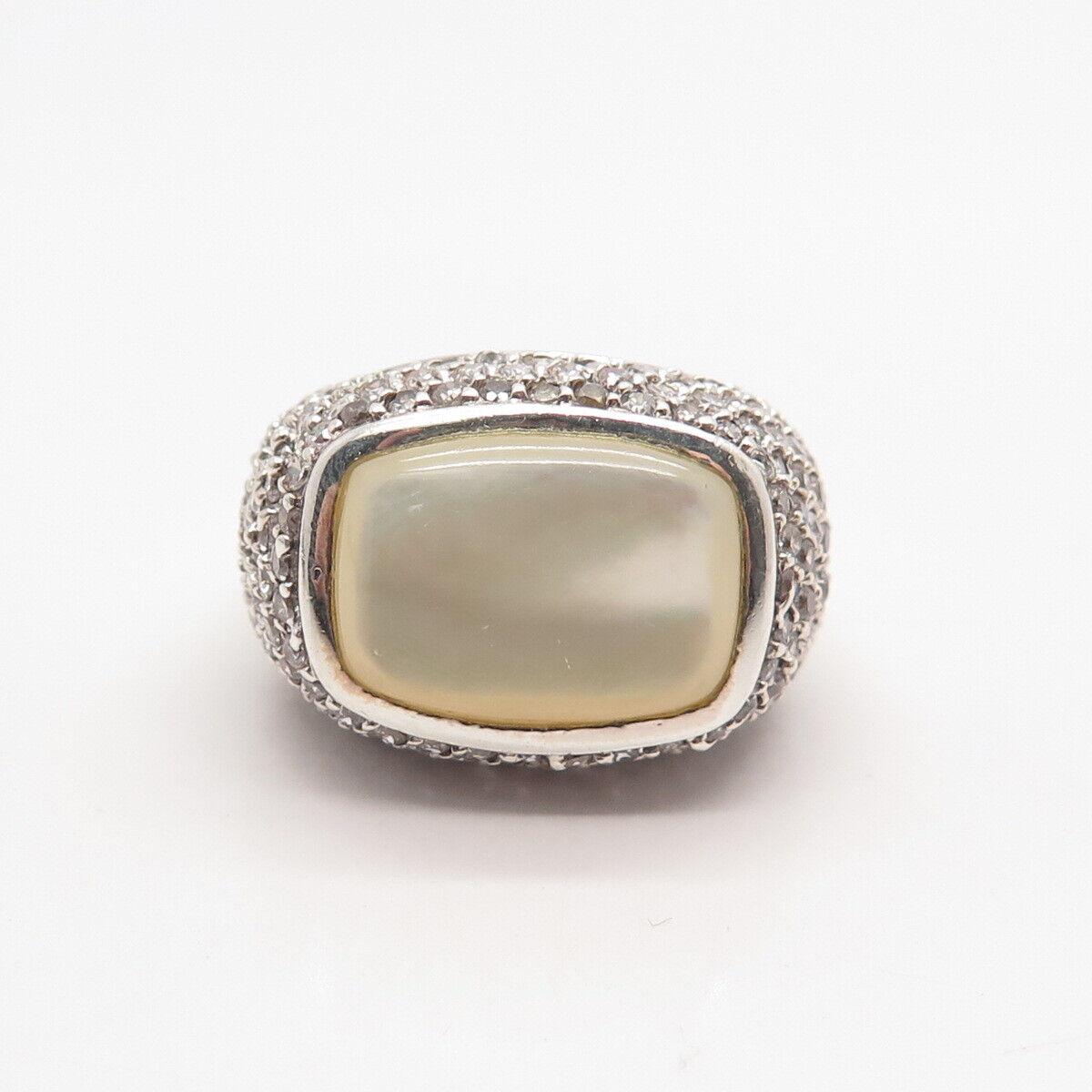 925 Sterling Silver Real Mother-of-Pearl & C Z Domed Ring Size 7.5