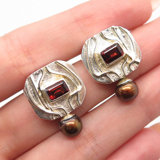 925 Sterling Silver Vintage Real Red Garnet Gem & Pearl Cushion Shape Earrings