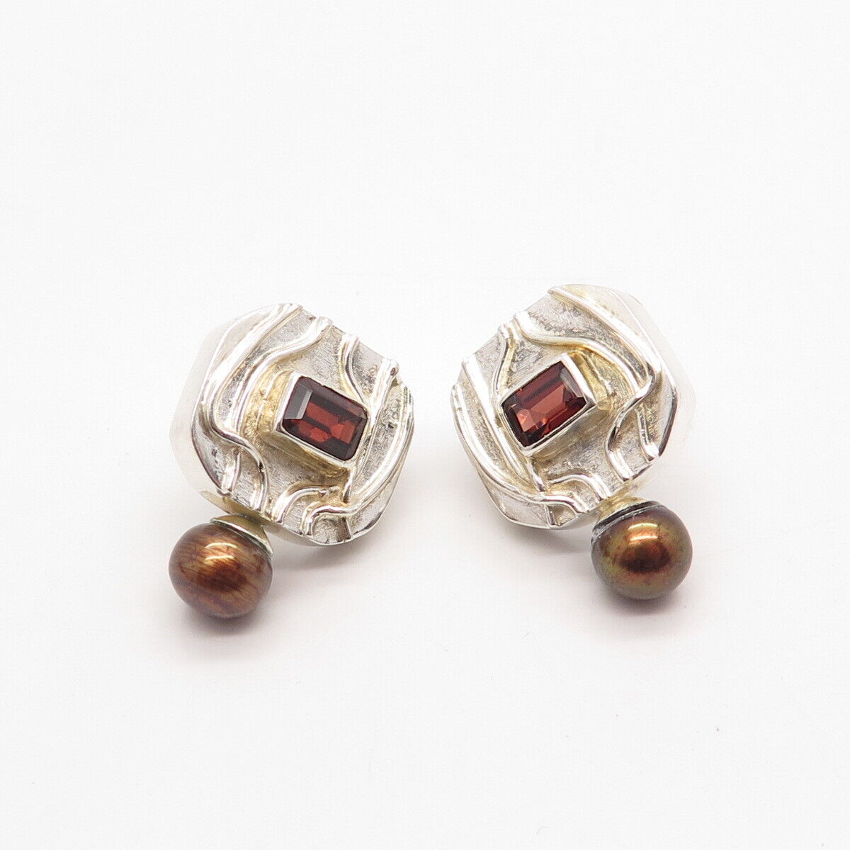 925 Sterling Silver Vintage Real Red Garnet Gem & Pearl Cushion Shape Earrings