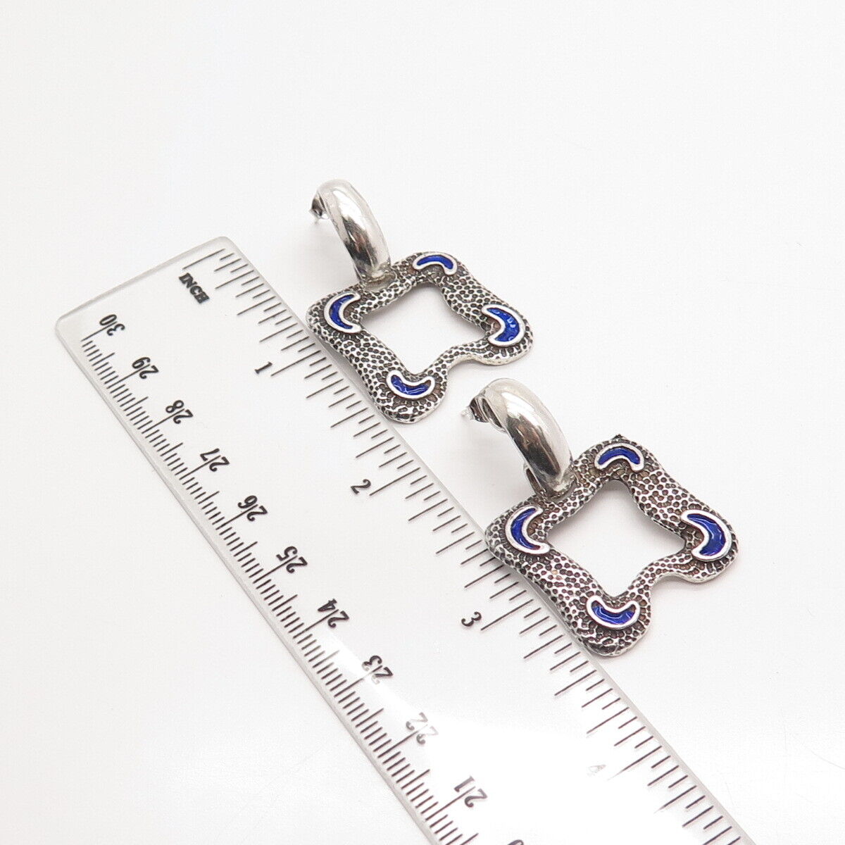 925 Sterling Silver Vintage Blue Enamel Dangling Earrings