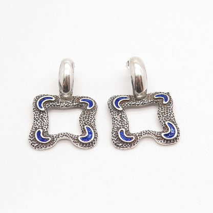 925 Sterling Silver Vintage Blue Enamel Dangling Earrings