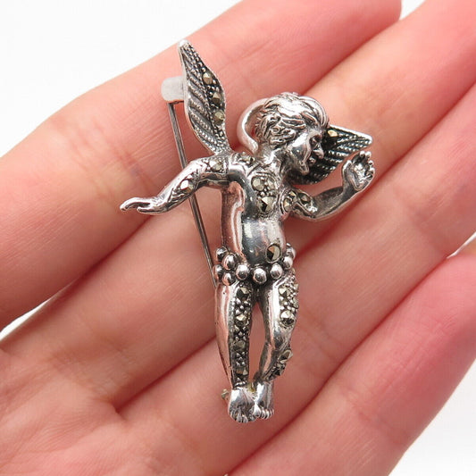 925 Sterling Silver Antique Real Marcasite Gem Angel Pin Brooch / Slide Pendant