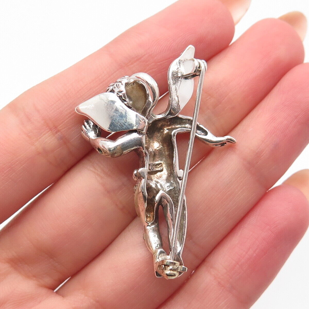 925 Sterling Silver Antique Real Marcasite Gem Angel Pin Brooch / Slide Pendant