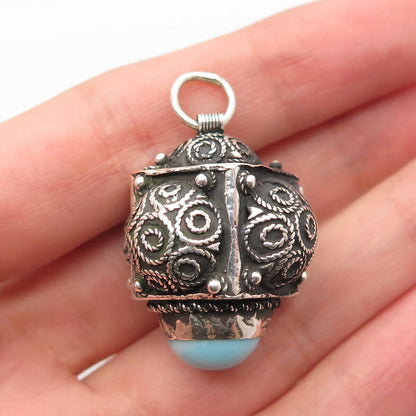 925 Sterling Silver Antique Real Larimar Gemstone Ornate Pendant