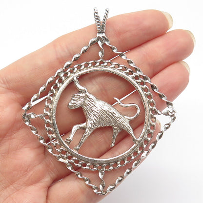 925 Sterling Silver Vintage Taurus Zodiac Sign Ornate Pendant