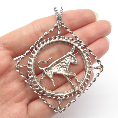 925 Sterling Silver Vintage Taurus Zodiac Sign Ornate Pendant