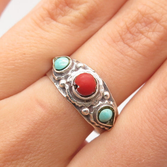 925 Sterling Silver Vintage Real Coral & Turquoise Gemstone Ring Size 7.25