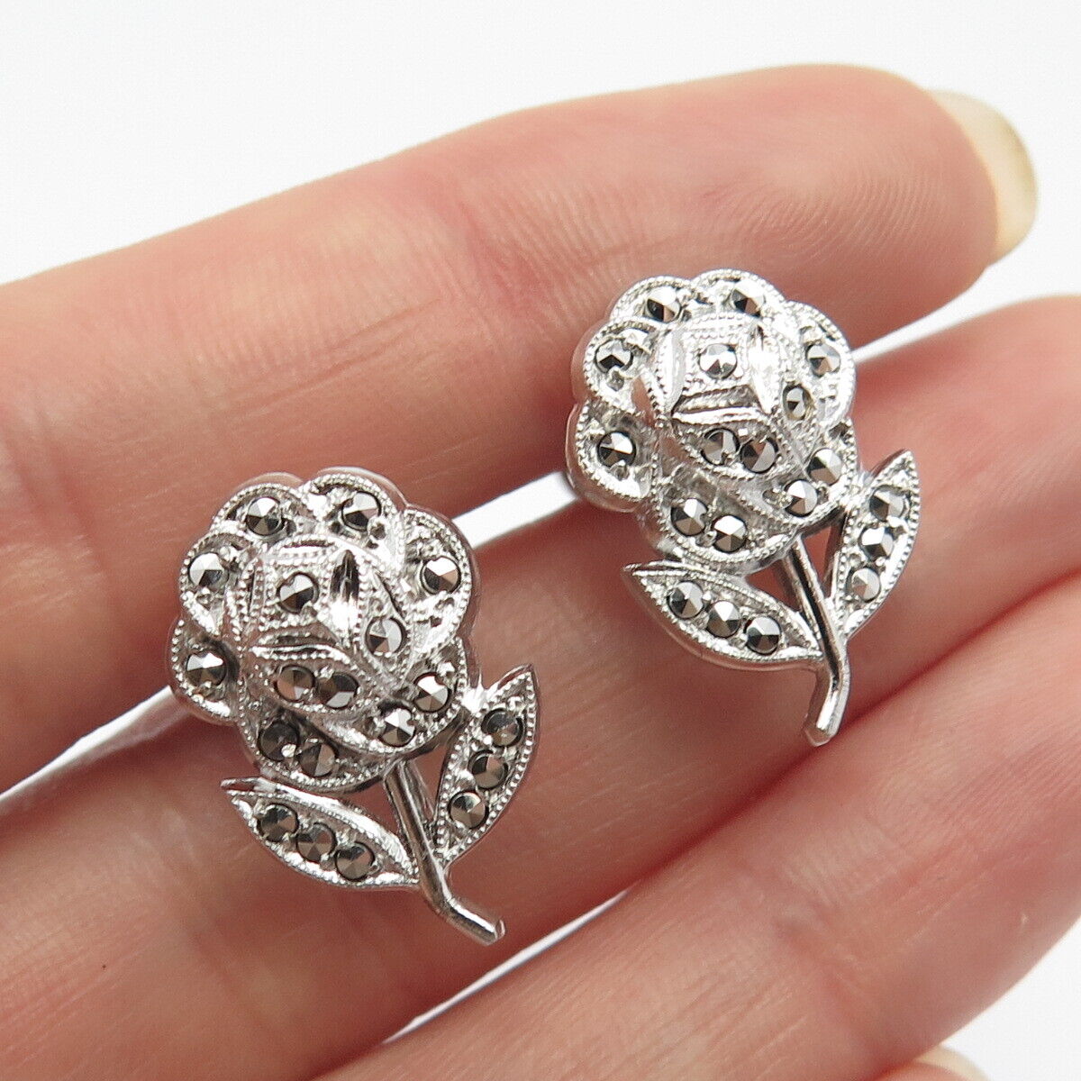 925 Sterling Silver Antique Real Marcasite Gem Rose Floral Screw Back Earrings