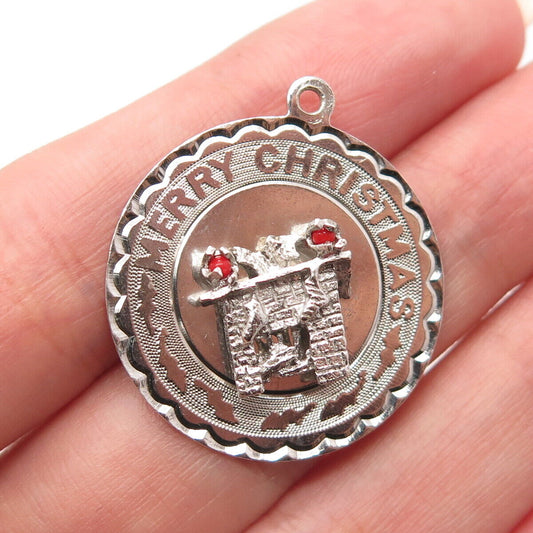 925 Sterling Silver Vintage Elco Real Coral "Merry Christmas" Round Pendant