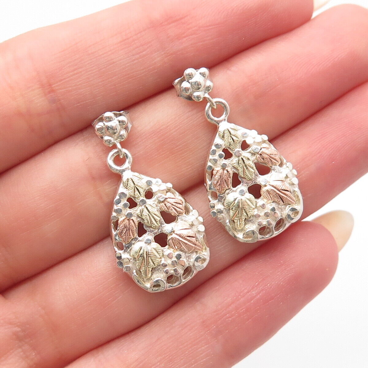 925 Sterling Silver 3-Tone Vintage Beaded Leaf Dangling Earrings