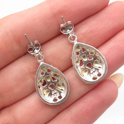 925 Sterling Silver 3-Tone Vintage Beaded Leaf Dangling Earrings