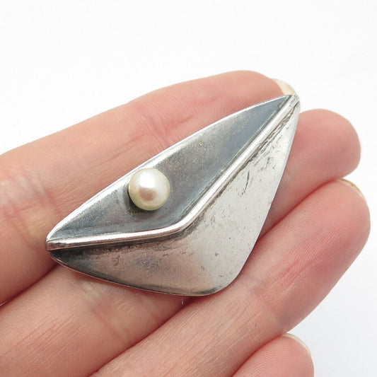 925 Sterling Silver Vintage Real Pearl Modernist Pin Brooch