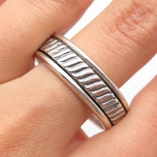 925 Sterling Silver Vintage Mexico Striped Rotating Band Ring Size 14.5