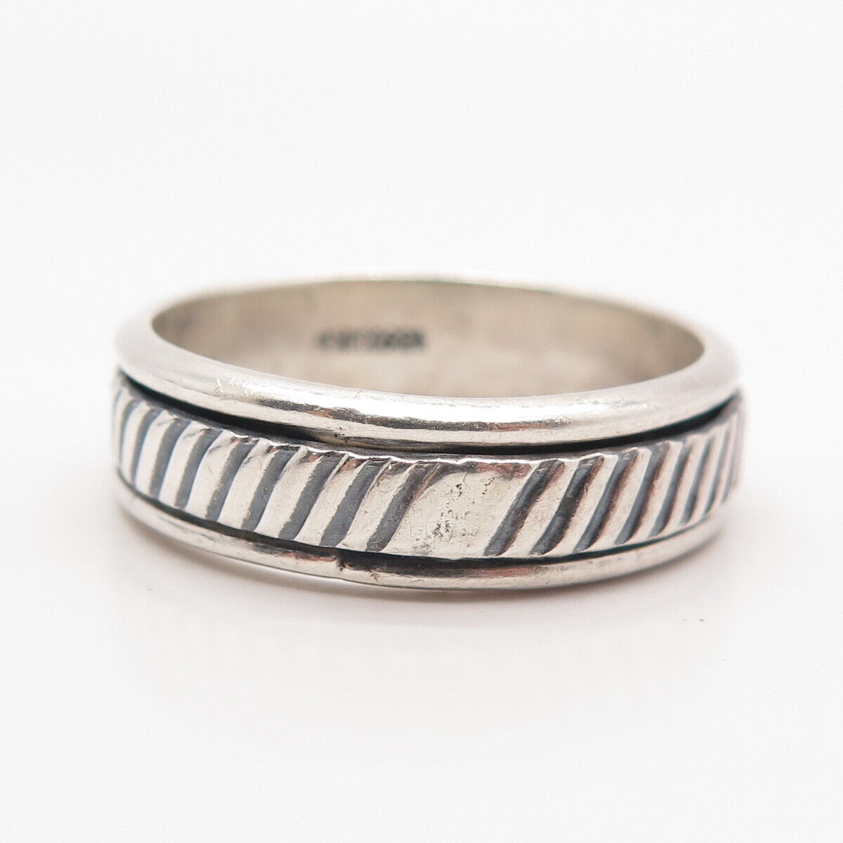 925 Sterling Silver Vintage Mexico Striped Rotating Band Ring Size 14.5