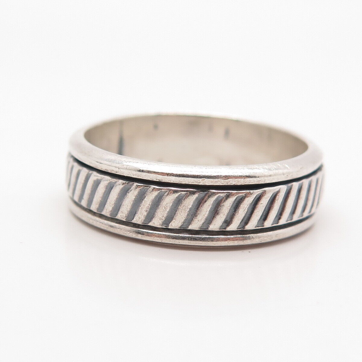 925 Sterling Silver Vintage Mexico Striped Rotating Band Ring Size 14.5