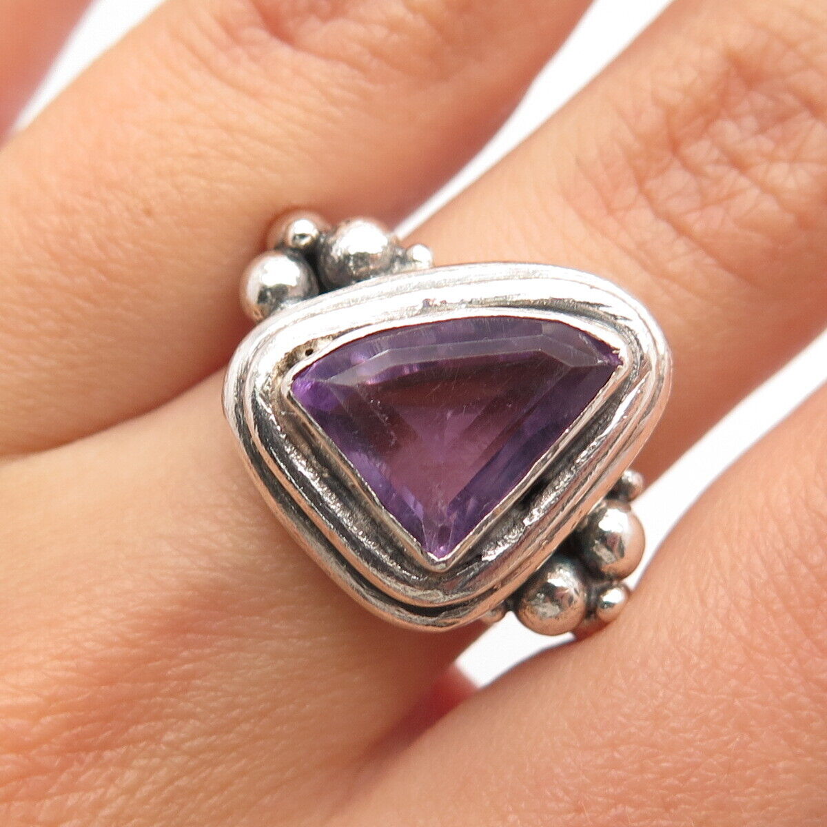 925 Sterling Silver Vintage Real Amethyst Gem Beaded Ring Size 6.5