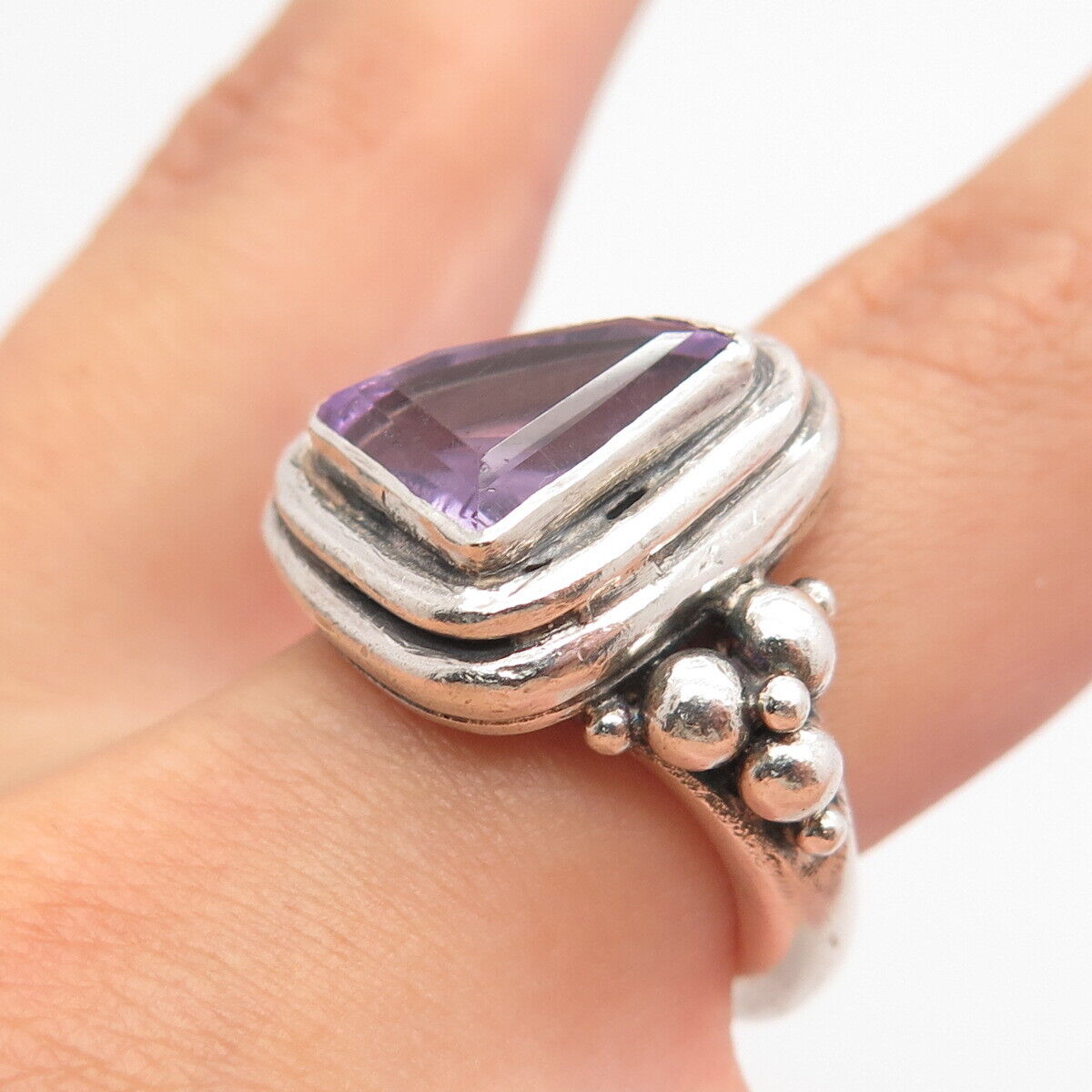 925 Sterling Silver Vintage Real Amethyst Gem Beaded Ring Size 6.5