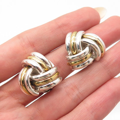 925 Sterling Silver 2-Tone Vintage Mexico Ribbed Knot Clip On Earrings