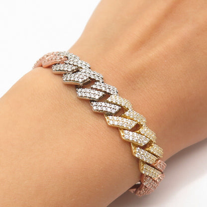 925 Sterling Silver 3-Tone Pave C Z Cuban Link Bracelet 8.5"