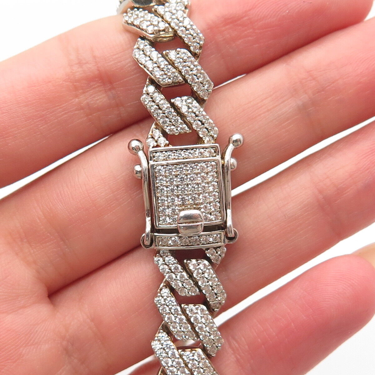 925 Sterling Silver 3-Tone Pave C Z Cuban Link Bracelet 8.5"