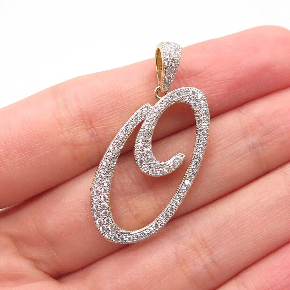 925 Sterling Silver Gold Plated Pave C Z Modernist Pendant