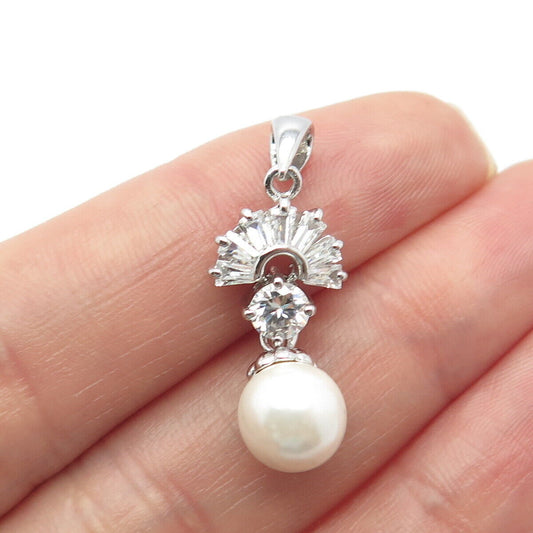 925 Sterling Silver Faux Pearl & C Z Ball Dangling Pendant