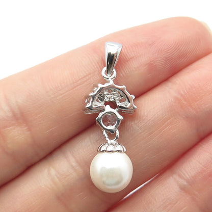 925 Sterling Silver Faux Pearl & C Z Ball Dangling Pendant