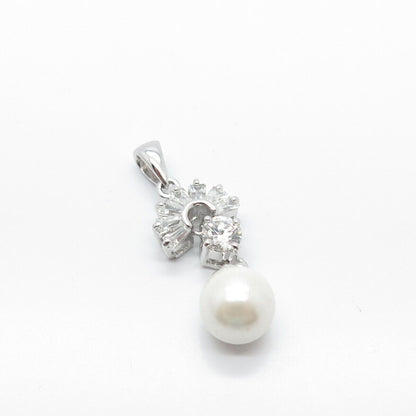 925 Sterling Silver Faux Pearl & C Z Ball Dangling Pendant