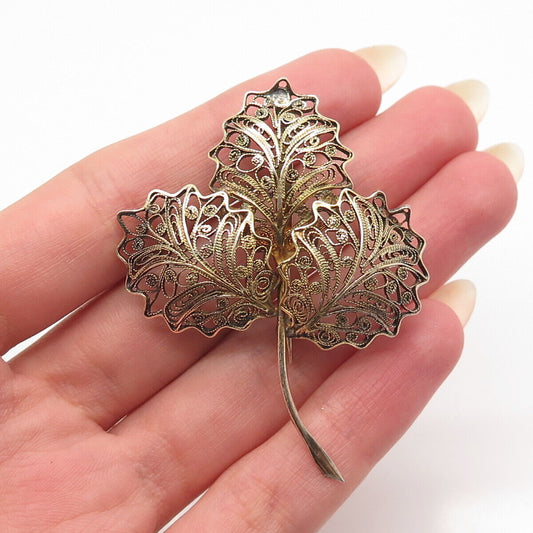 800 Silver Gold Plated Antique Leaf Filigree Pin Brooch