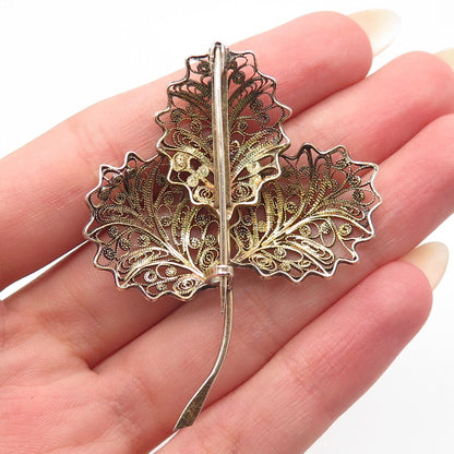 800 Silver Gold Plated Antique Leaf Filigree Pin Brooch