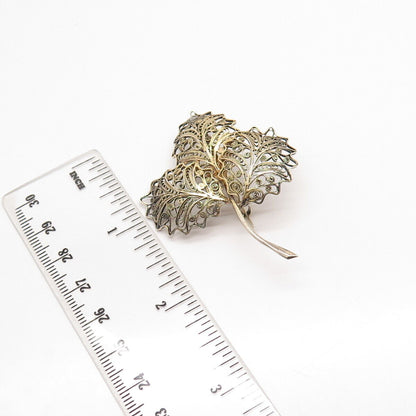 800 Silver Gold Plated Antique Leaf Filigree Pin Brooch